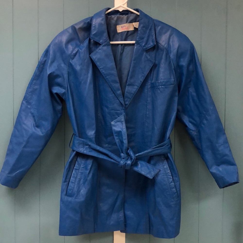 Avon Vtg Leather Jacket Women Medium Blue Open Front Belt Tie Pockets V-Collar S